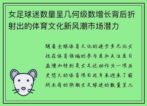 女足球迷数量呈几何级数增长背后折射出的体育文化新风潮市场潜力